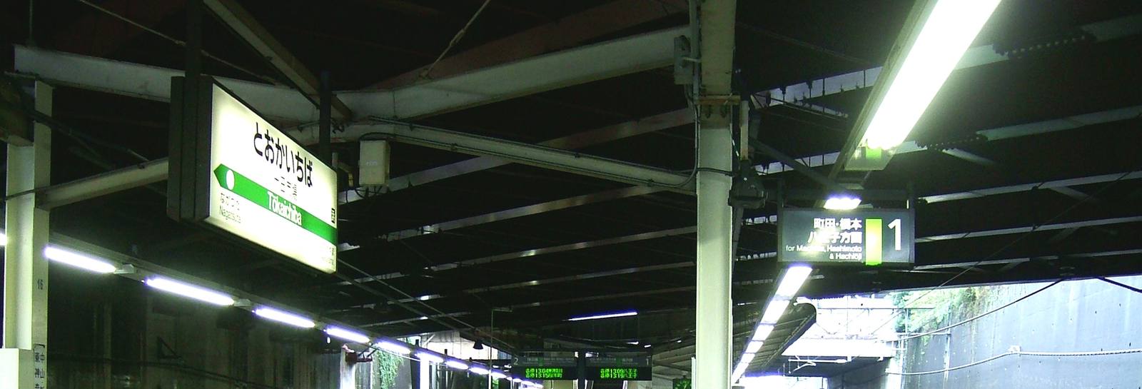 十日市場駅のホーム。駅名の看板と、町田・橋本・八王子方面の案内